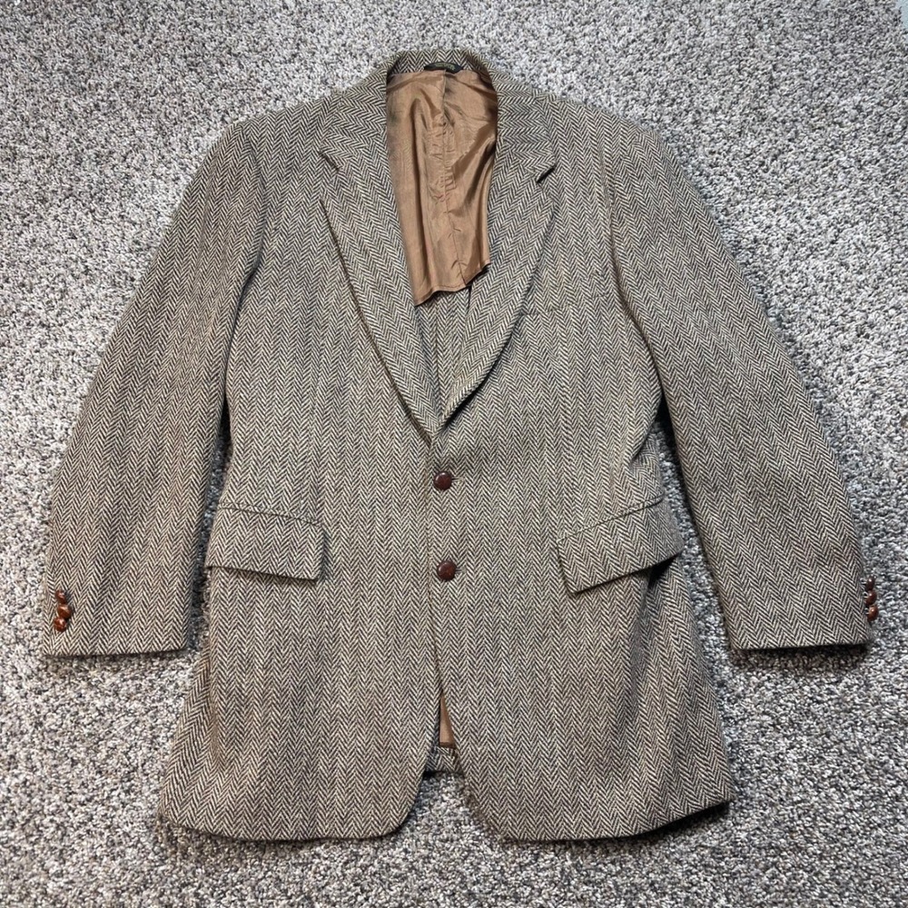 Avant Garde Harris Tweed Wool Blazer Men's Brown Herringbone Sport Coat USA Made
